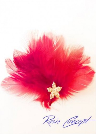 Луксозна дизайнерска брошка- украса за коса с пера и кристали - цвят червено Red Bird
