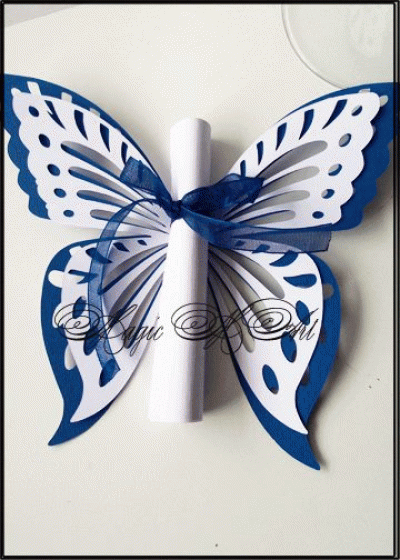 Сватбена пеперуда за покана тип Папирус Пеперуда модел Art Deco тъмно синьо и бяло